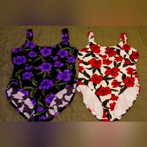 2 swimsuits 1 purple & black 1 red white